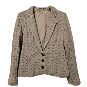 525 America Cotton Pointelle Knit Blazer Women Lg Tan Crochet Chevron Cardigan